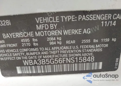 2015 BMW 328I xDrive из США, поврежденный, VIN WBA3B5G56FNS15848